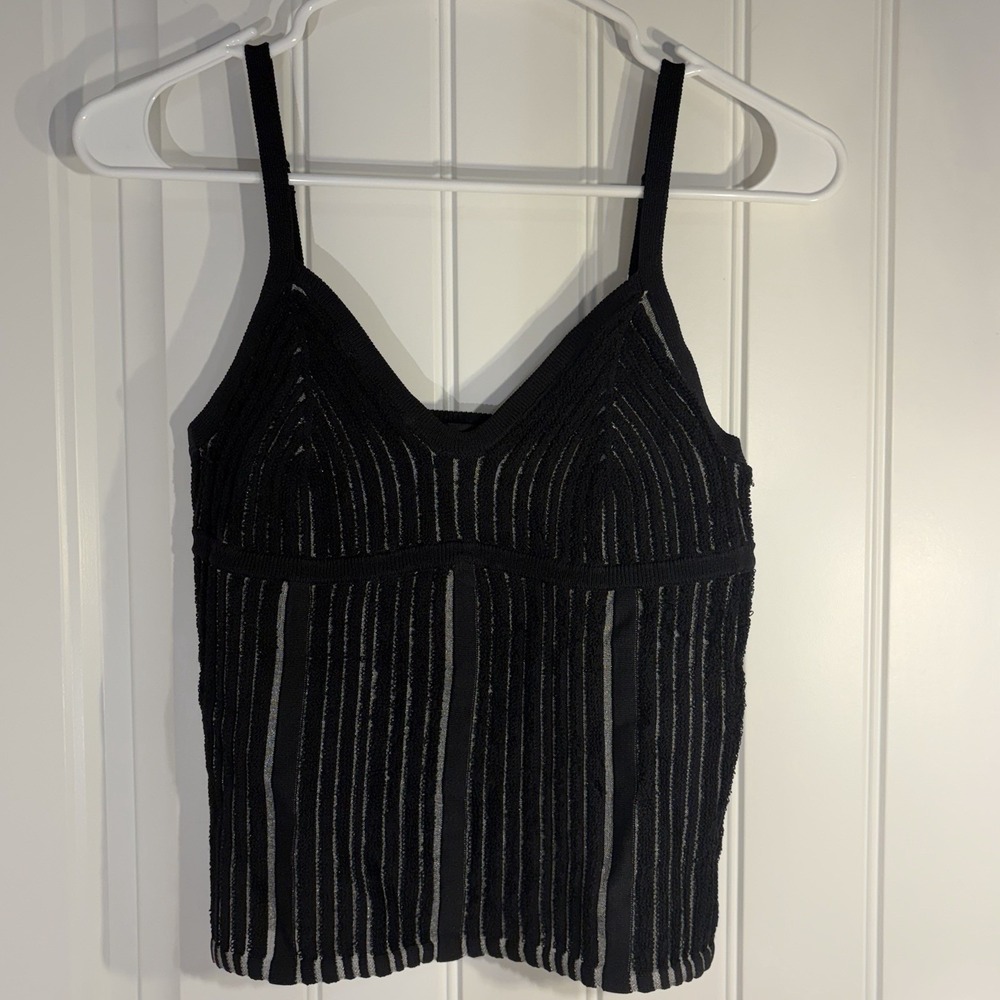 Black Sheer Striped Knit Crop Top Bralette Tank Y2K Mesh Stretch Cami XS